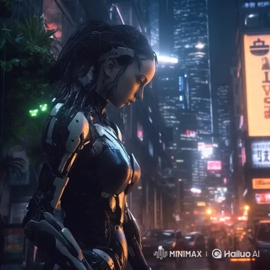 Cyborg Contemplates in Neon-Lit Metropolis Rain – AI Generated Video | Hailuo AI