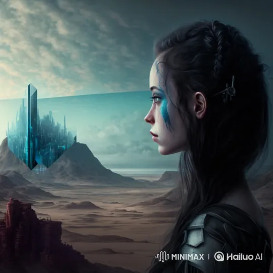 Young Woman Gazes at Futuristic City in Desert Landscape – AI Generated Video | Hailuo AI