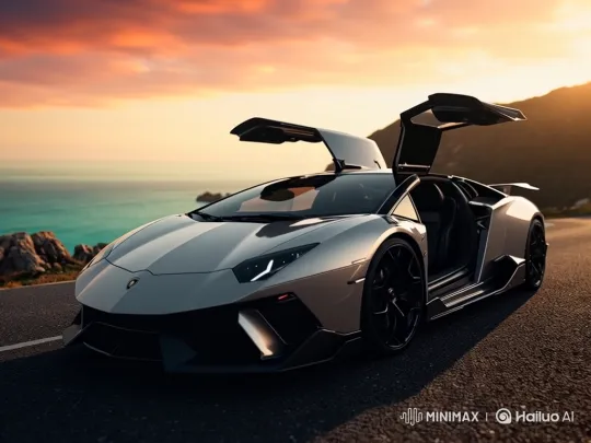 Silver Lamborghini on Coastal Road at Sunset – AI Generated Video | Hailuo AI