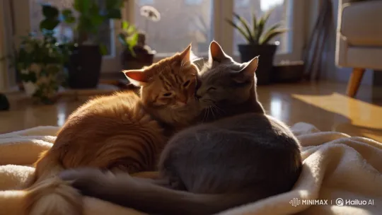 Two Cats Cuddle in Sunlit Living Room – AI Generated Video | Hailuo AI