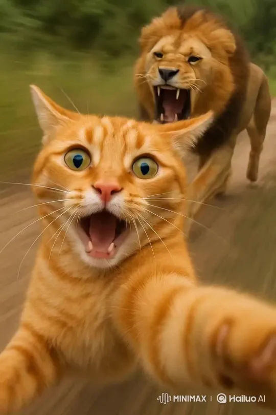 Cat Escapes Lion by Running Very Fast – AI Generated Video | Hailuo AI