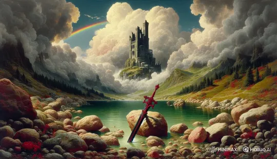 Epic Fantasy Landscape with Enchanted Sword and Rainbow – AI Generated Video | Hailuo AI