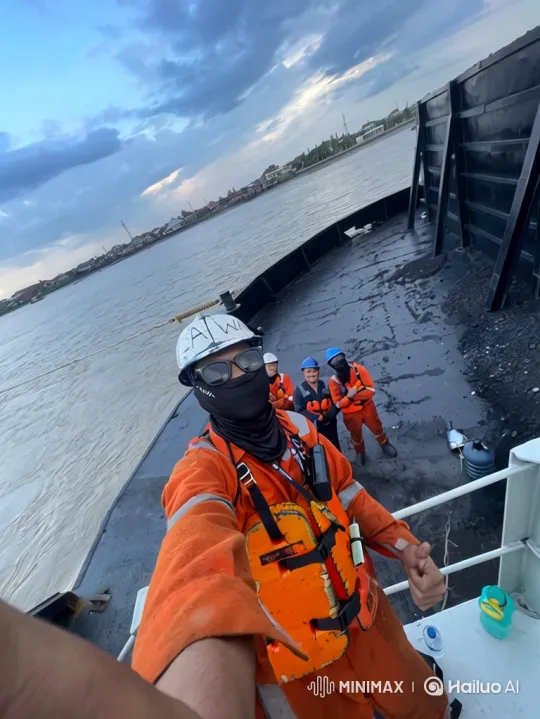 Crew Poses for Photo on Barge Deck – AI Generated Video | Hailuo AI