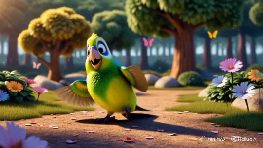 Cheerful Parakeet's Joyful Dance in Cartoon Forest – AI Generated Video | Hailuo AI