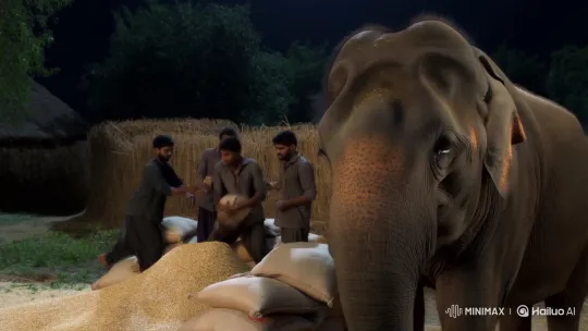 Loyal Elephant Defends Farm from Thieves in Indian Village – AI Generated Video | Hailuo AI