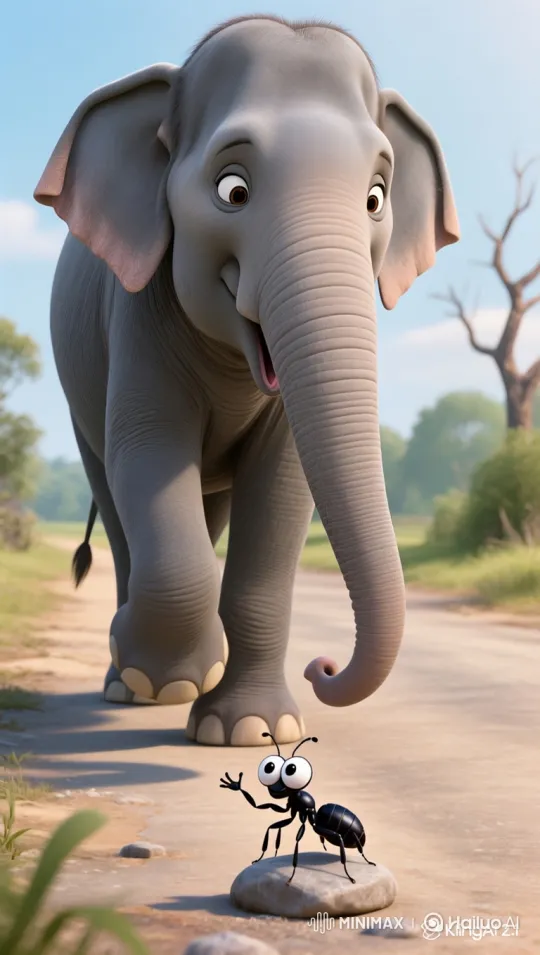 Curious Elephant and Cheerful Ant Share a Sunny Moment – AI Generated Video | Hailuo AI