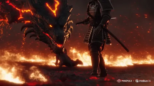 Black Samurai Faces Lava Dragon in Fiery Duel – AI Generated Video | Hailuo AI