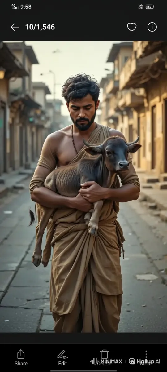 Kind-Hearted Man Comforts Calf in Narrow Alley – AI Generated Video | Hailuo AI