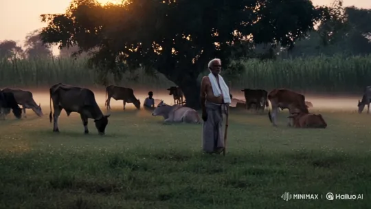 Elderly Gafur Chacha Watches Over Cows at Sunrise – AI Generated Video | Hailuo AI