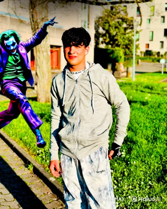 Young Man in Hoodie and Dancing Digital Joker – AI Generated Video | Hailuo AI