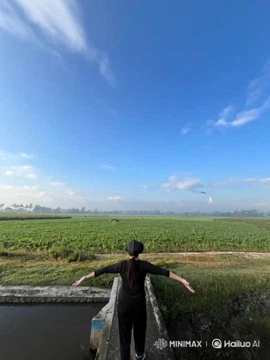 Woman on Bridge Overlooking Vast Fields to Earth from Space – AI Generated Video | Hailuo AI