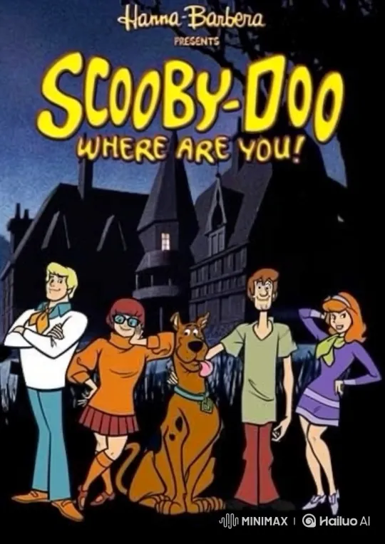 Mystery Inc. Gang Poses at Spooky Mansion Night Scene – AI Generated Video | Hailuo AI