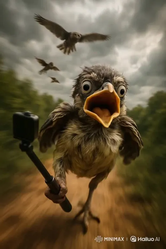 Small Birds Flee Predator Over Dense Forest, Clouds – AI Generated Video | Hailuo AI