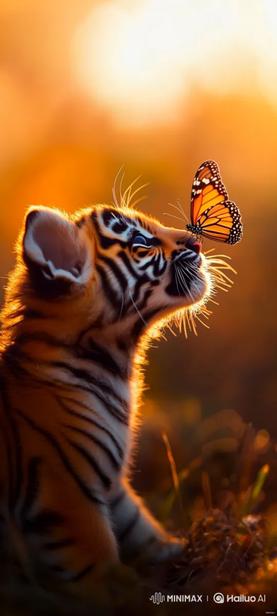 Tiger Cub and Butterfly Playful Chase at Sunset – AI Generated Video | Hailuo AI