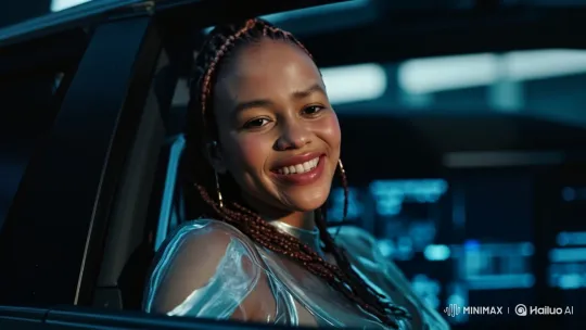 Young Woman in Car, Smiling at Camera – AI Generated Video | Hailuo AI