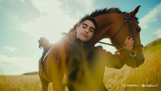 Young Boy Watches Horse and Rider in Golden Field – AI Generated Video | Hailuo AI