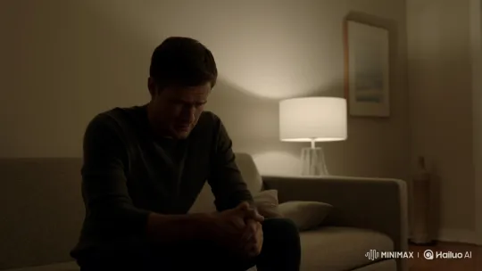 Man Reflects on Past Trauma in Dimly Lit Living Room – AI Generated Video | Hailuo AI