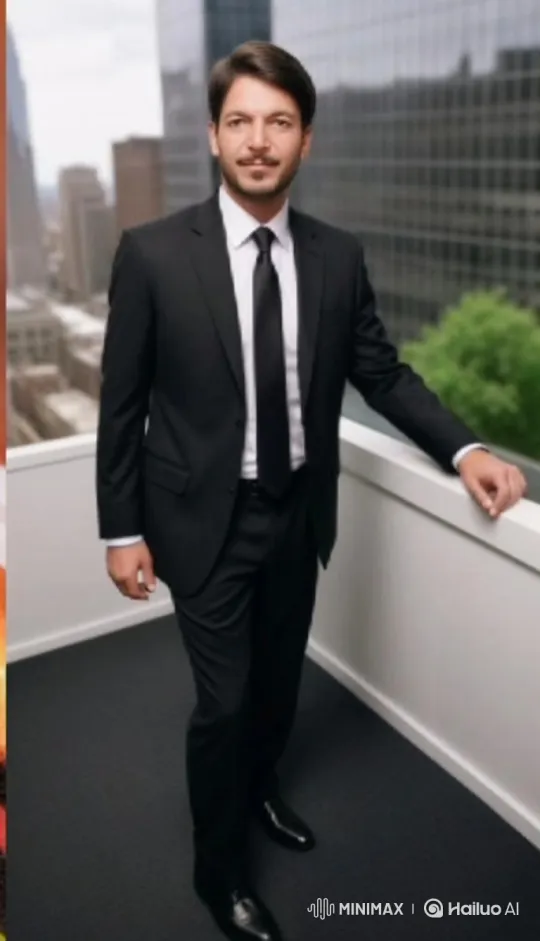 Man in Suit on Balcony with Cityscape Background – AI Generated Video | Hailuo AI