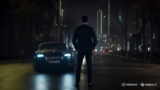 Confident Man Enters Rolls-Royce on Wet City Street – AI Generated Video | Hailuo AI