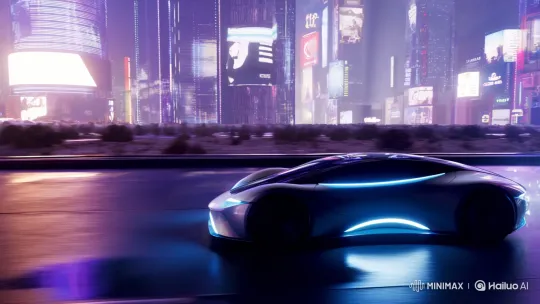 Futuristic AI Car Glides Through Neon City, Leaving Light Trail – AI Generated Video | Hailuo AI