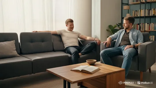 Casual Humorous Chat Between Two Men in a Living Room – AI Generated Video | Hailuo AI