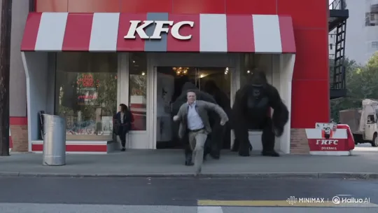 Man Fleeing from Gorillas Chasing Him Outside KFC – AI Generated Video | Hailuo AI