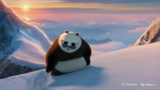 Fluffy Panda Dances in Sunglasses on Snowy Mountain Sunrise – AI Generated Video | Hailuo AI