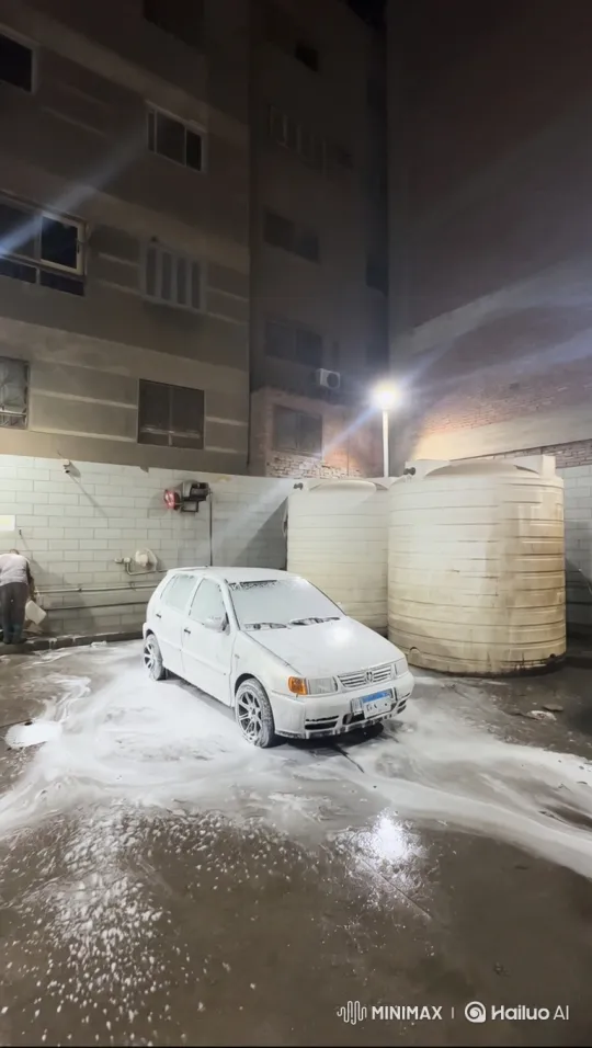 White Hatchback Simulates Air Suspension Deflation at Night Car Wash – AI Generated Video | Hailuo AI