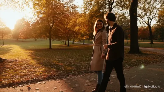 Couple Walking Hand-in-Hand in Autumn Park Setting – AI Generated Video | Hailuo AI