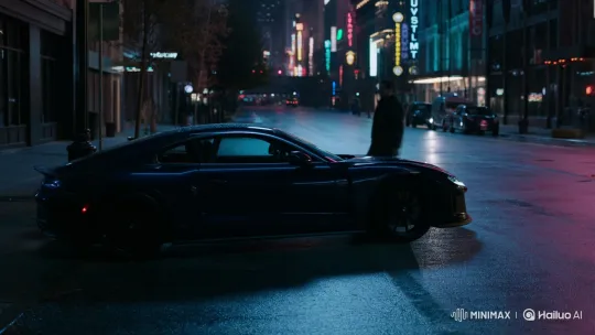Sleek Sports Car Pulls Away in Urban Night – AI Generated Video | Hailuo AI