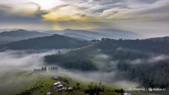 Mystical Aerial View of Devraj Khal Village at Dawn – AI Generated Video | Hailuo AI