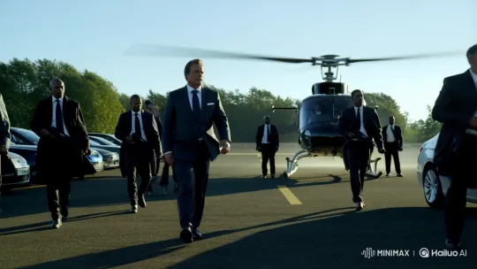 Ahmad: A Powerful Figure Walks Amidst Security and Helicopter – AI Generated Video | Hailuo AI