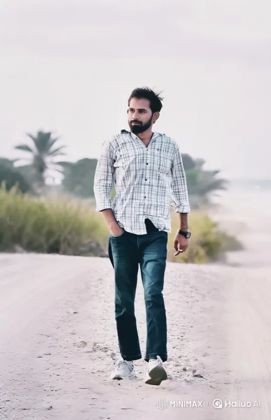 Man Walking on Sandy Road with Expansive Landscape – AI Generated Video | Hailuo AI