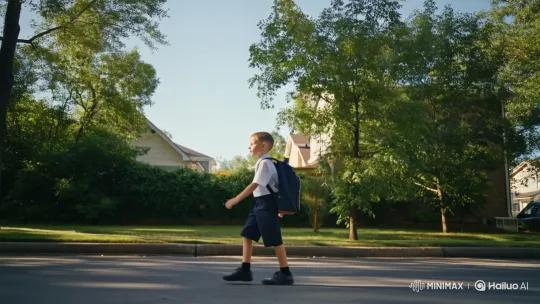 Young Boy Walks to School on a Quiet Street – AI Generated Video | Hailuo AI
