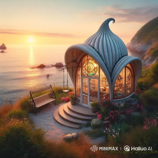 Whimsical Flower Bud House on Cliff at Dusk – AI Generated Video | Hailuo AI