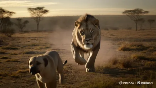 Dog's Perspective: Lion Chases Across the Savanna – AI Generated Video | Hailuo AI