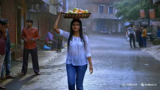Rainy Street: Enchanted Indian Woman with Fruit Basket – AI Generated Video | Hailuo AI