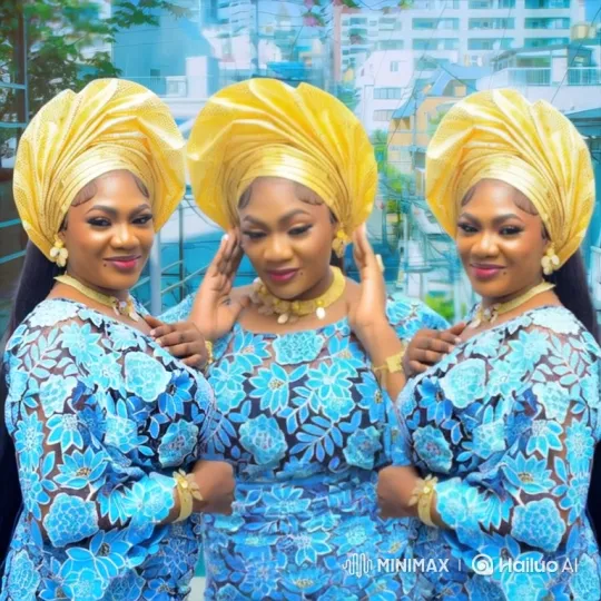 Three Women in Blue Floral Lace Pose Gracefully – AI Generated Video | Hailuo AI
