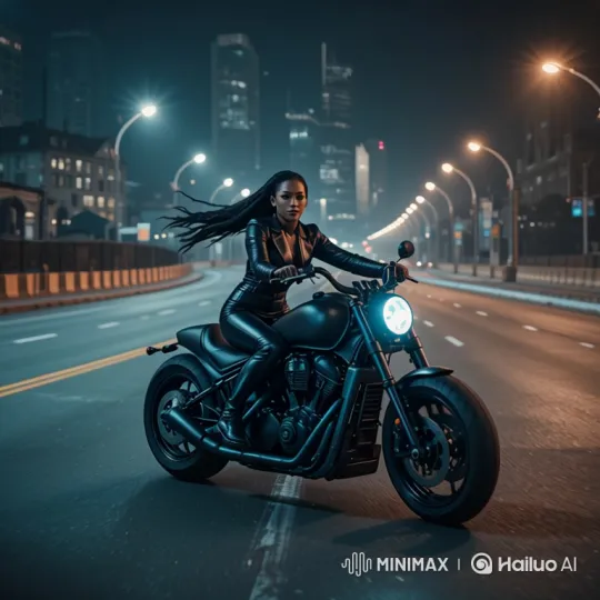 Woman in Leather Suit Speeds on Motorcycle Through Night City – AI Generated Video | Hailuo AI