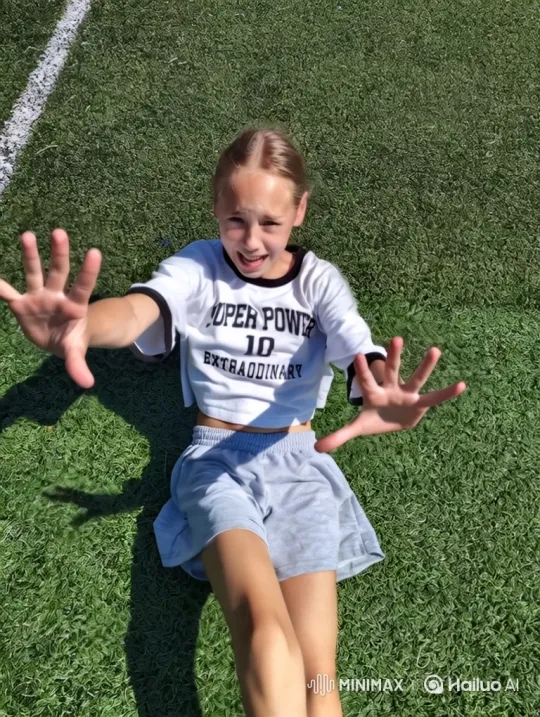 Young Girl Joyfully Engages in Play on Artificial Turf – AI Generated Video | Hailuo AI