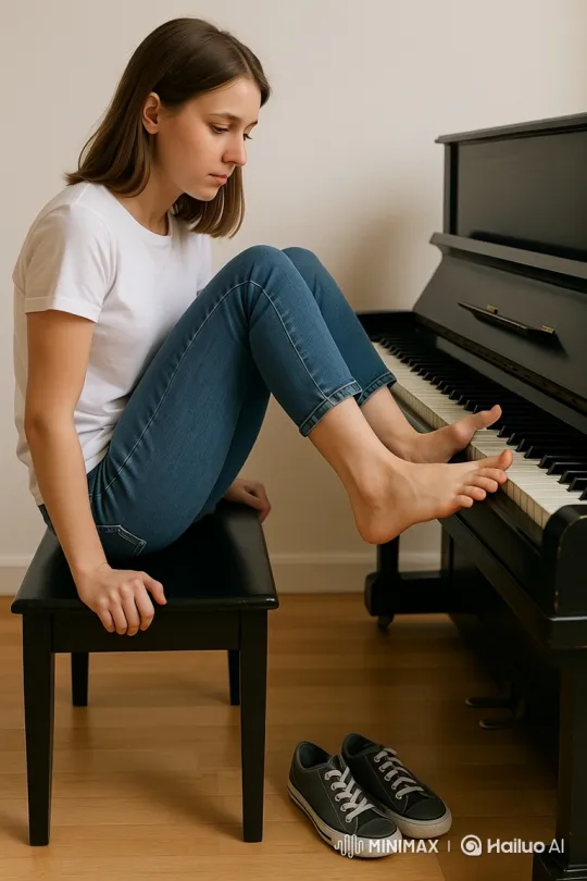 Young Woman Plays Piano with Feet, Expresses Joy – AI Generated Video | Hailuo AI