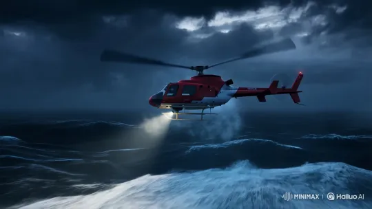 Rescue Helicopter Struggles in Stormy Sea Dusk – AI Generated Video | Hailuo AI