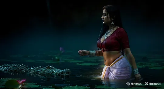 Mystical Encounter in Moonlit Pond with Crocodile – AI Generated Video | Hailuo AI