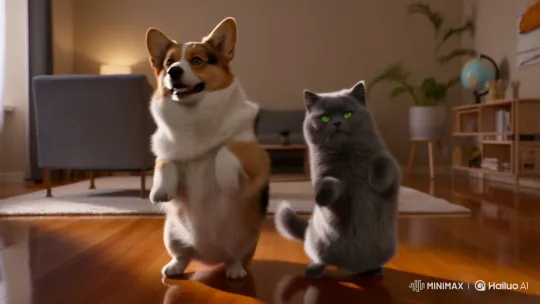 Corgi and Cat Dance in Cozy Living Room – AI Generated Video | Hailuo AI