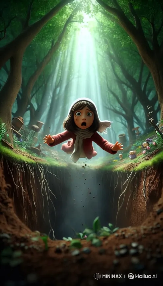 Young Girl Suspended in Air Over Dark Pit in Forest – AI Generated Video | Hailuo AI
