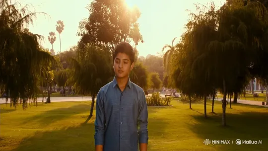 Golden Hour Park Encounter: Boy and Girl Share a Smile – AI Generated Video | Hailuo AI