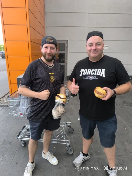Two Friends Enjoying Sandwiches in Front of Modern Building – AI Generated Video | Hailuo AI