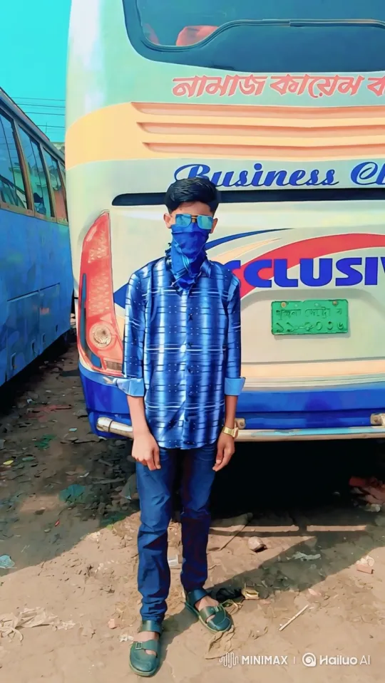 Young Man in Dusty Lot With Business Class Bus – AI Generated Video | Hailuo AI