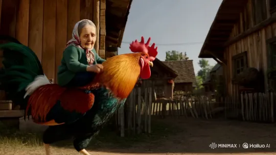 Elderly Grandmother Rides Oversized Rooster in Village – AI Generated Video | Hailuo AI