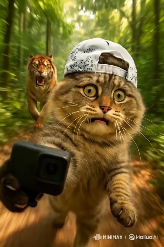 Frightened Cat Escapes Chasing Tiger in Jungle – AI Generated Video | Hailuo AI